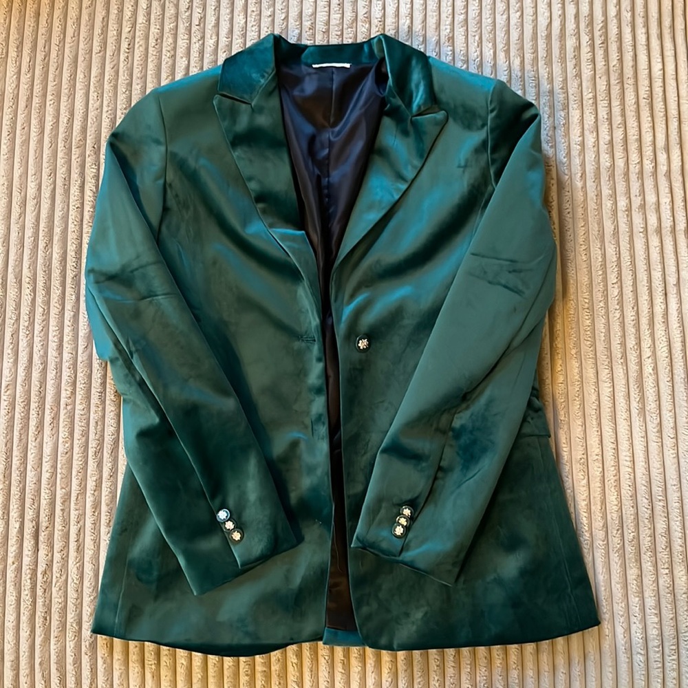 Green velvet blazer. Great for a holiday party!